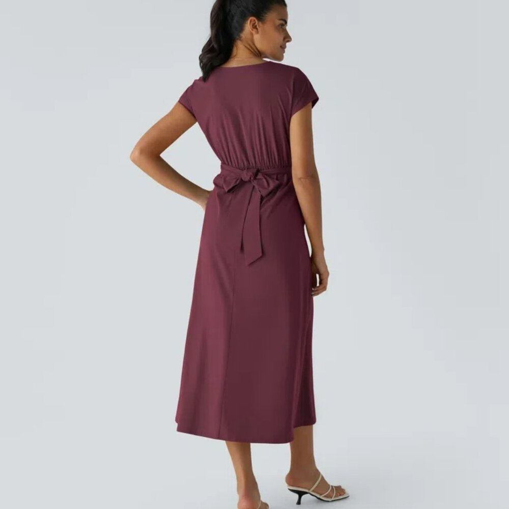 Halara Breezeful Midi Dress Burgundy Large V Neck Cap Sleeves Tie Back Pockets - Picture 10 of 11